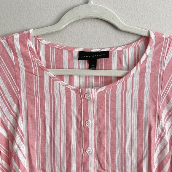 Lane Bryant Pink White Striped Babydoll Blouse Size 12 Button Flowy Short Sleeve - Picture 2 of 9